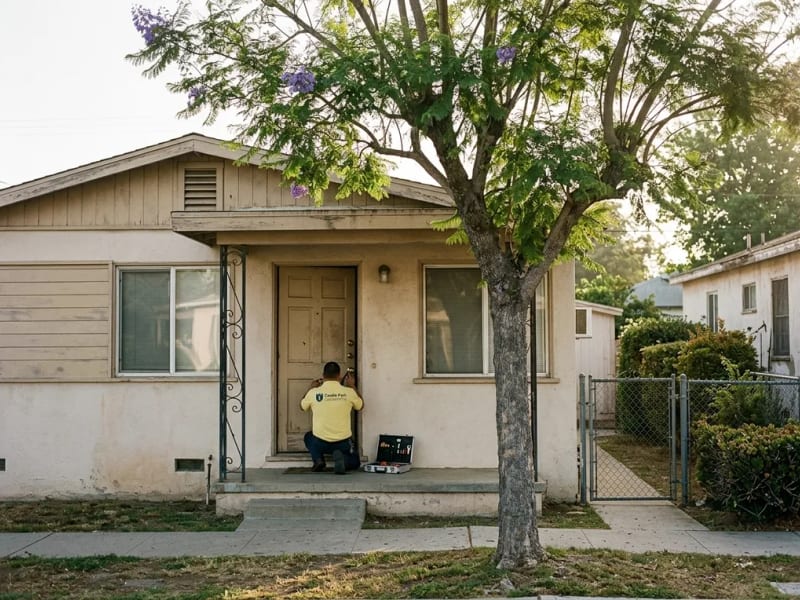 Castle Park Locksmiths tech at the front door of a 1950s single-story ranch house in the Castle Park neighborhood, 91911