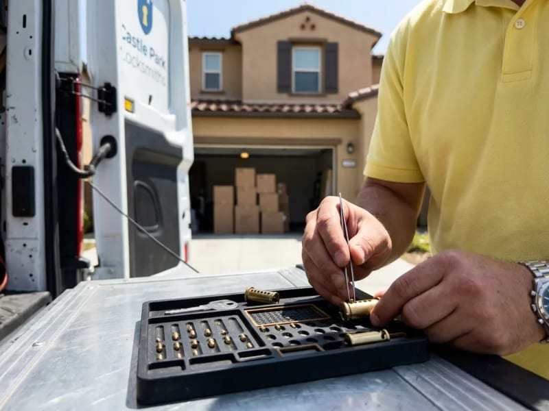 Lock cylinder being rekeyed in a pinning tray on a van tailgate, moving boxes stacked in an open garage in San Miguel Ranch