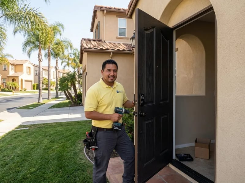 Castle Park Locksmiths tech fitting a keypad smart deadbolt on the front door of a stucco two-story in Eastlake Greens