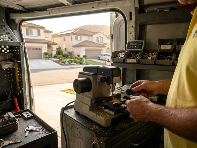 Key-cutting machine inside the Castle Park Locksmiths van cutting a transponder key blank, parked on a Rancho del Rey street